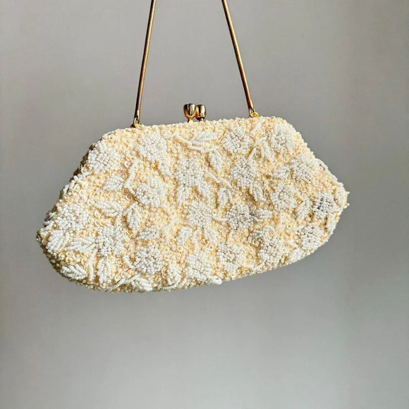 Vintage 50s 60s Simpsons Beaded Ivory Wedding Red Carpet Purse - Picture 2 of 11